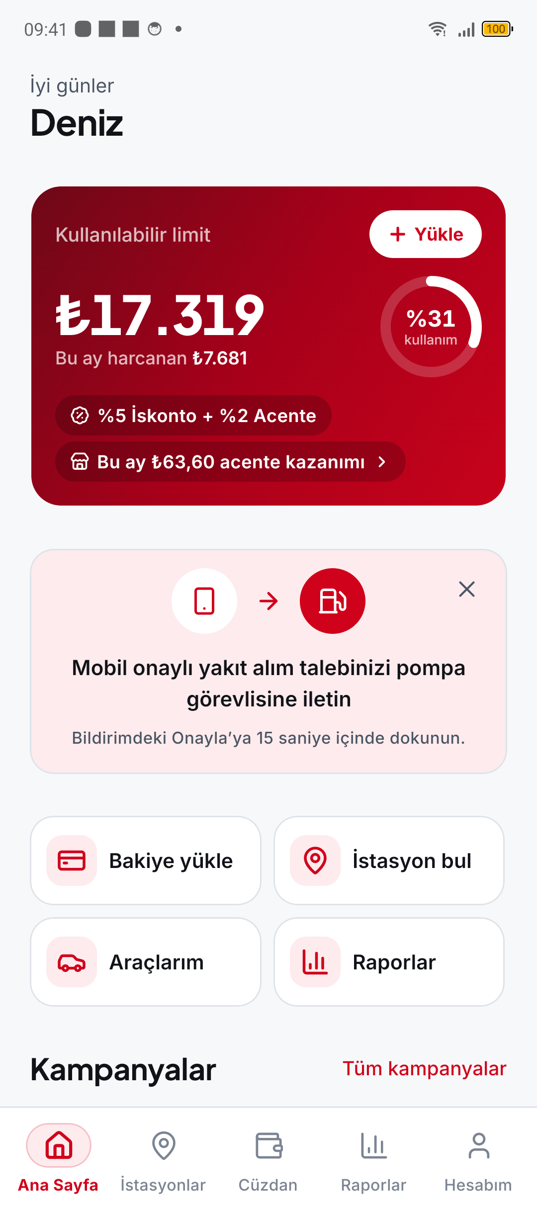 FLEVO ana ekranı: kullanılabilir yakıt limiti, bakiye yükleme ve istasyon bulma