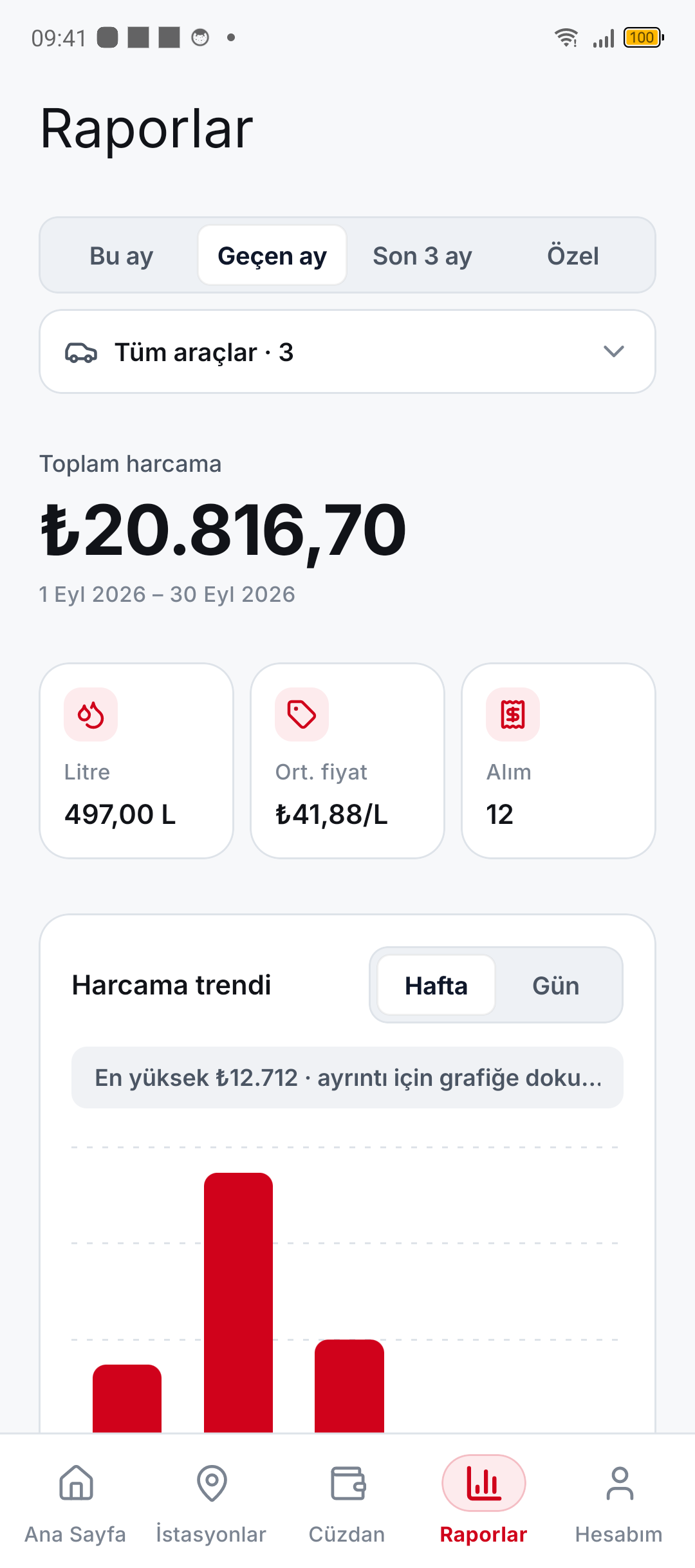Dönem ve araç bazında yakıt harcaması raporu